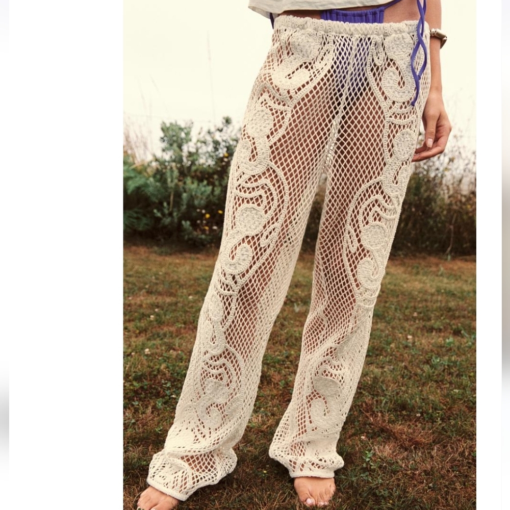 NWT ZARA Oyster White Crochet Pants - Picture 5 of 12